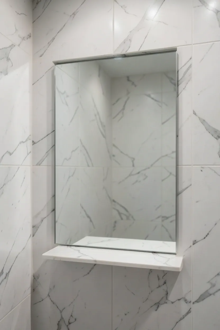 Recessed mirrored medicine cabinet built flush into wall for seamless elegant bathroom storage