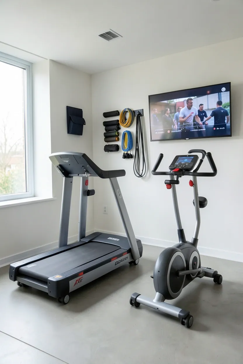 Compact cardio station with a foldable treadmill and resistance band storage in a minimalist home gym — multipurpose renter-friendly fitness zone