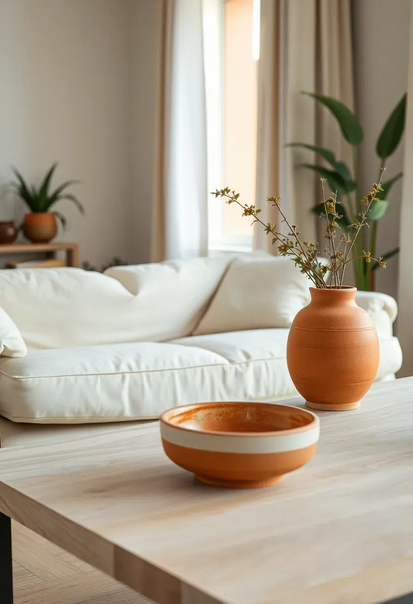 Hyper-realistic 3/4 view of minimalist living room with warm terracotta accents—terracotta pots with plants, handmade ceramic vase in warm ochre, ceramic bowl on coffee table. Cream linen sofa, light oak floor, neutral walls. Warm earthy clay tones creating focal points. Materials: terracotta clay, handmade ceramic, linen, light oak wood. Natural light from window, terracotta casting warm reddish shadows. Handcrafted quality adding warmth. Shallow depth of field, sharp details on ceramic textures. No text, no logos, no watermarks.</p>