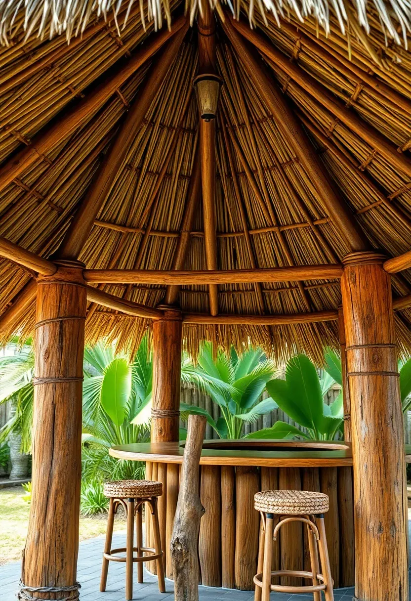 thatched natural grass roof hut providing shade in a tropical backyard