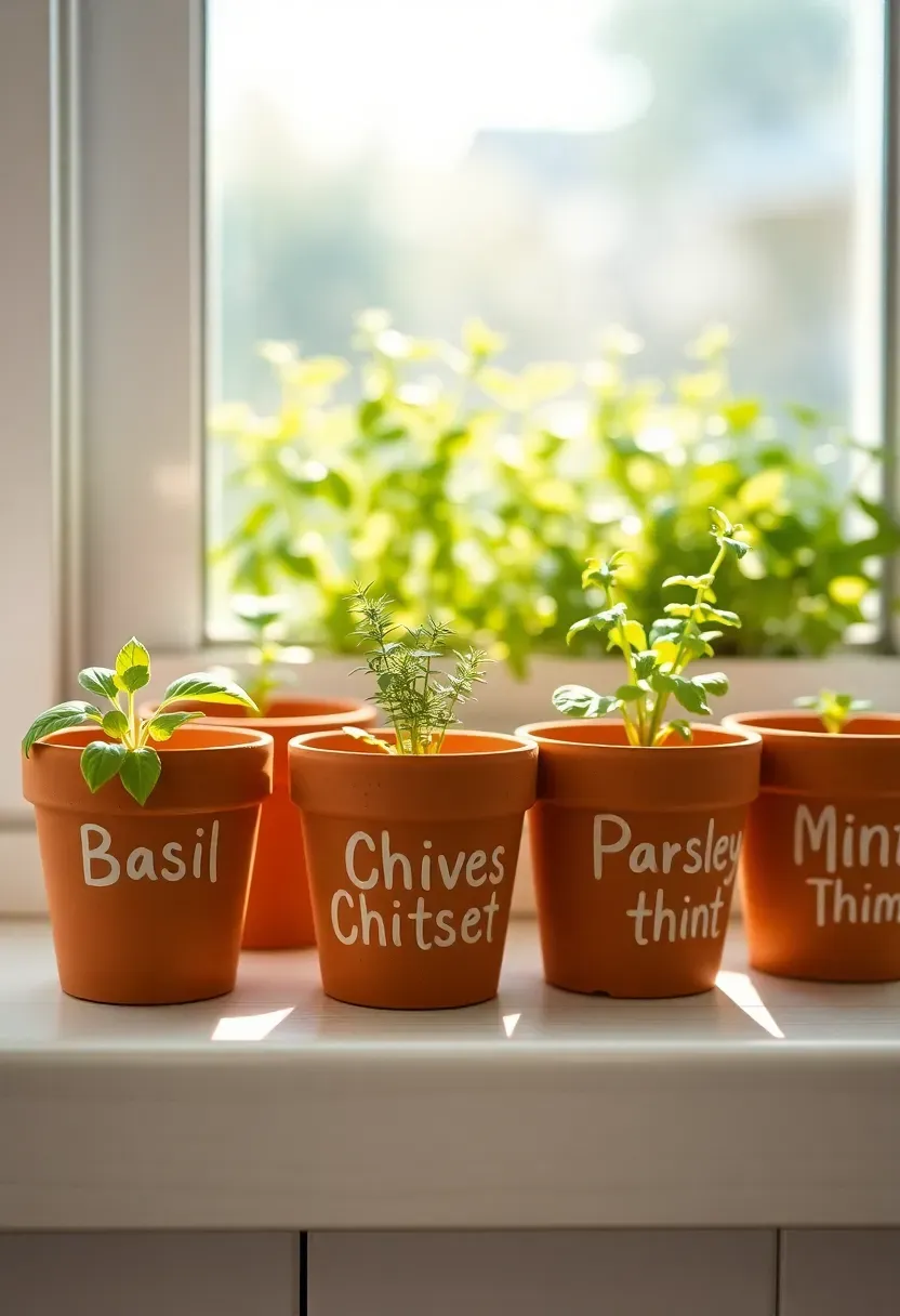 small terracotta pots with hand-painted labels holding starter herb seedlings on a bright kitchen windowsill