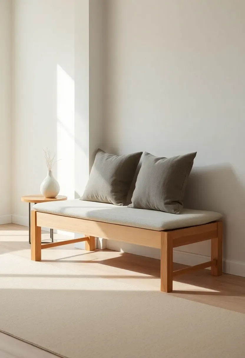 Hyper-realistic 3/4 view of minimalist Japandi living room with low wooden bench featuring light oak base and beige linen upholstered top, two linen throw pillows, placed along wall with small side table. Materials: warm white walls, light oak bench frame, beige linen upholstery, charcoal gray linen pillows, white ceramic vase. Soft natural daylight, subtle shadows emphasizing bench's low profile, serene and versatile atmosphere. Sharp wood grain and fabric textures, clean composition, no clutter, no text, no watermarks.</p>