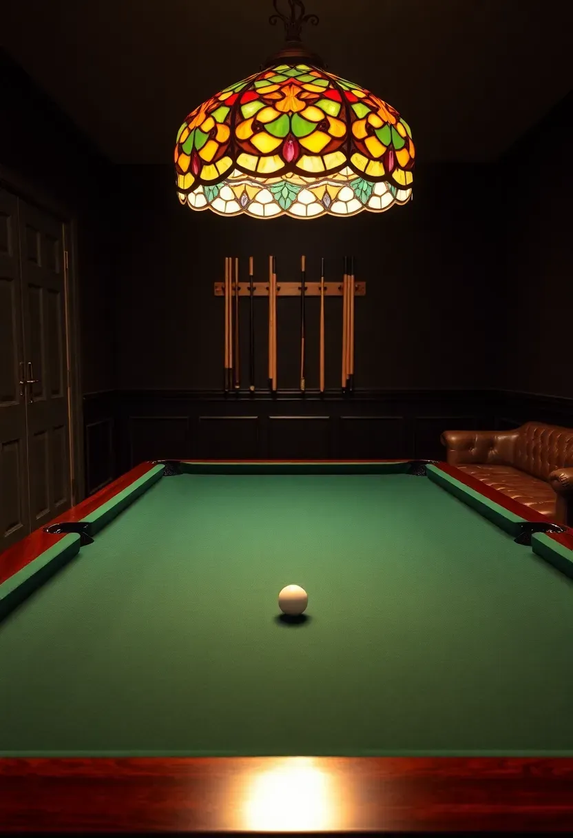 Elegant pool table parlor with a full-size slate table under a Tiffany-style pendant light, dark wainscoting, cue rack on the wall, and leather bench seating
