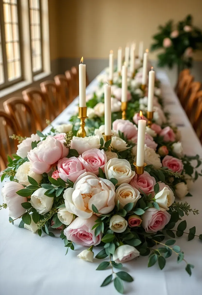 lush peony and garden rose table runner arrangement stretching down a long baby shower table with blush white and dusty rose blooms mixed with trailing greenery