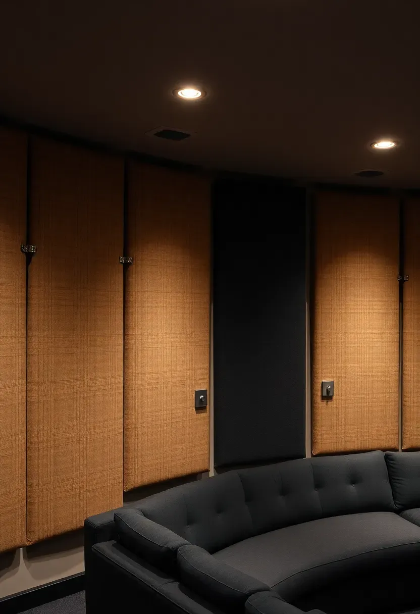 fabric-wrapped acoustic panels in muted earth tones mounted on a basement wall in a home theater setup