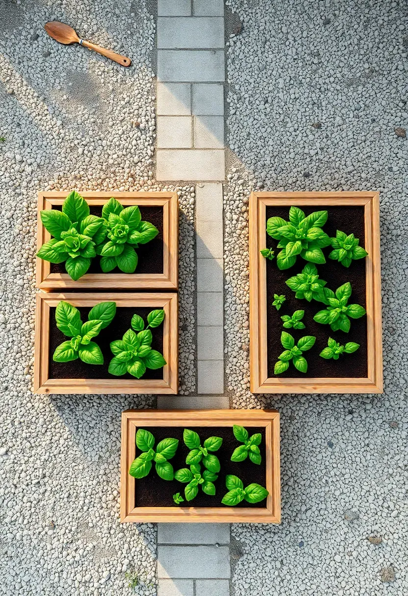 Overhead view of a symmetrical grid of four raised cedar garden beds with gravel walkways between them and lush vegetables growing inside each bed