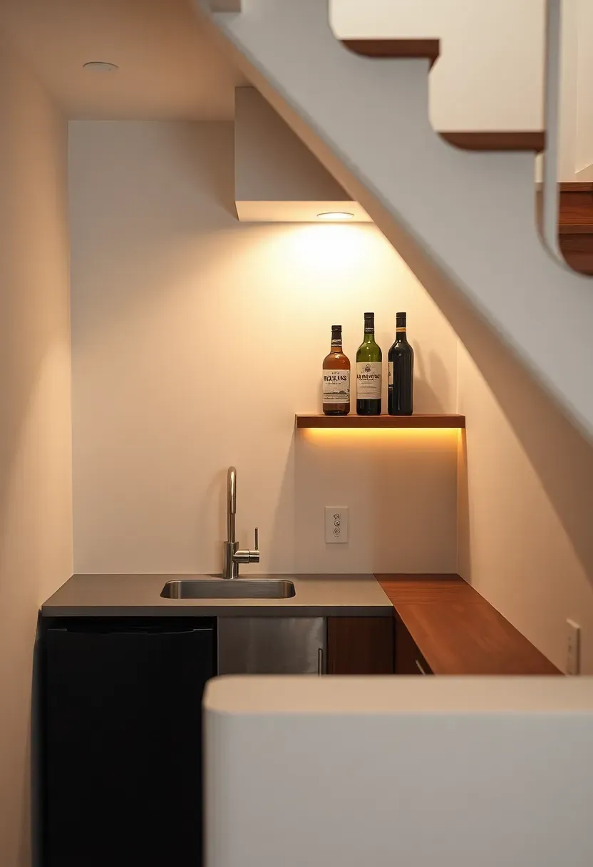 compact wet bar tucked under a basement staircase with a small sink mini fridge and floating shelf for bottles