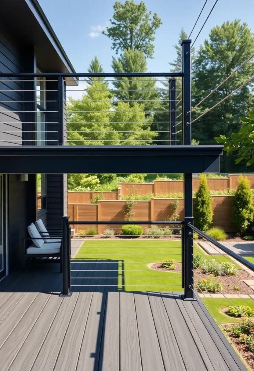 Rooftop-inspired upper deck level with horizontal cable railing and a clean modern design overlooking a lower deck and landscaped backyard