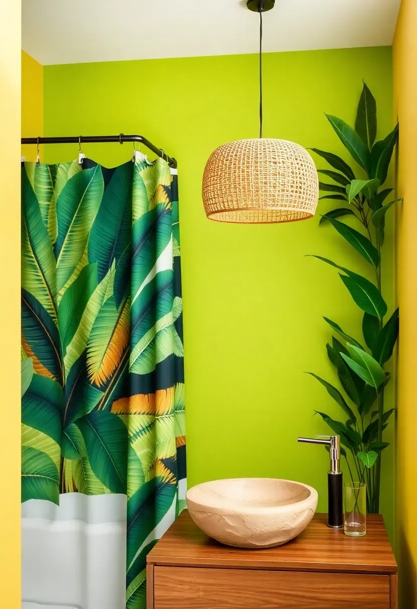 Tropical-inspired bathroom with bright green walls, banana leaf print shower curtain, rattan light fixture, and stone sink