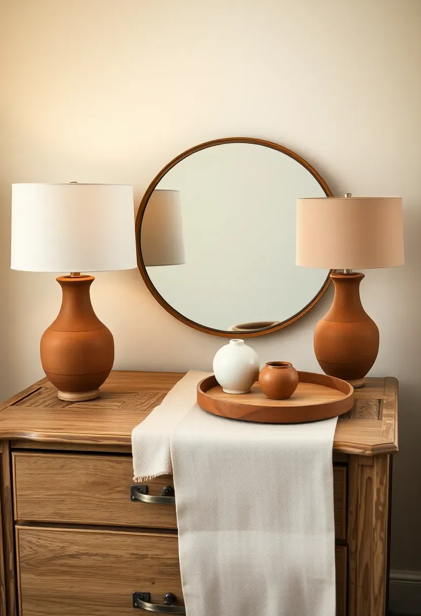 Distressed dresser styled with stoneware lamps