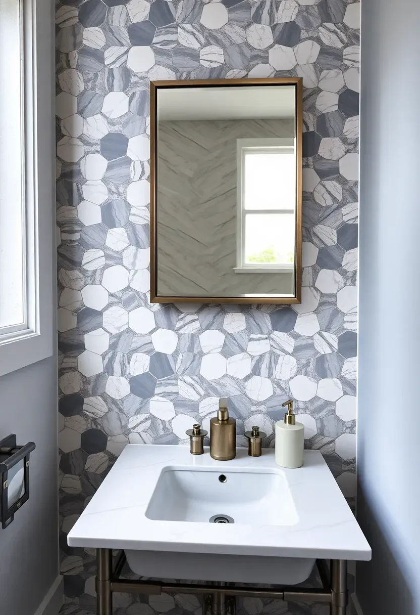 Hexagonal tile accent wall in mixed gray and white marble hexagons behind a bathroom vanity with brushed nickel fixtures