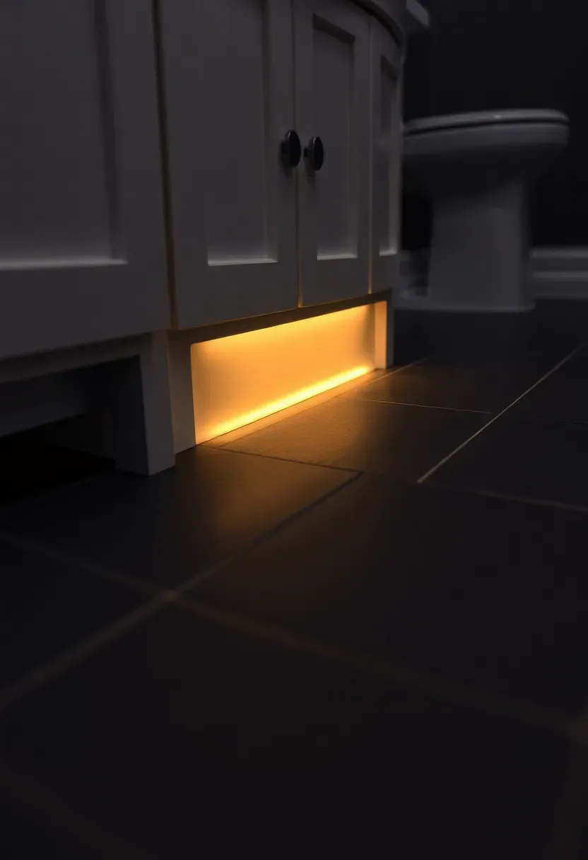 Bathroom vanity base with a subtle warm LED toe-kick light strip glowing along the floor in a dark nighttime bathroom
