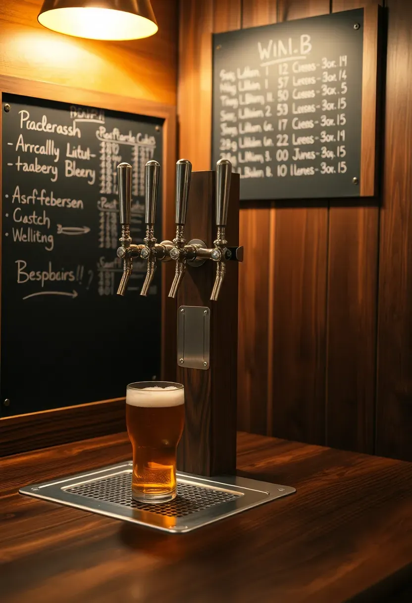 Basement kegerator draft station with four stainless tap handles mounted on a wooden tower, drip tray, and chalkboard menu above