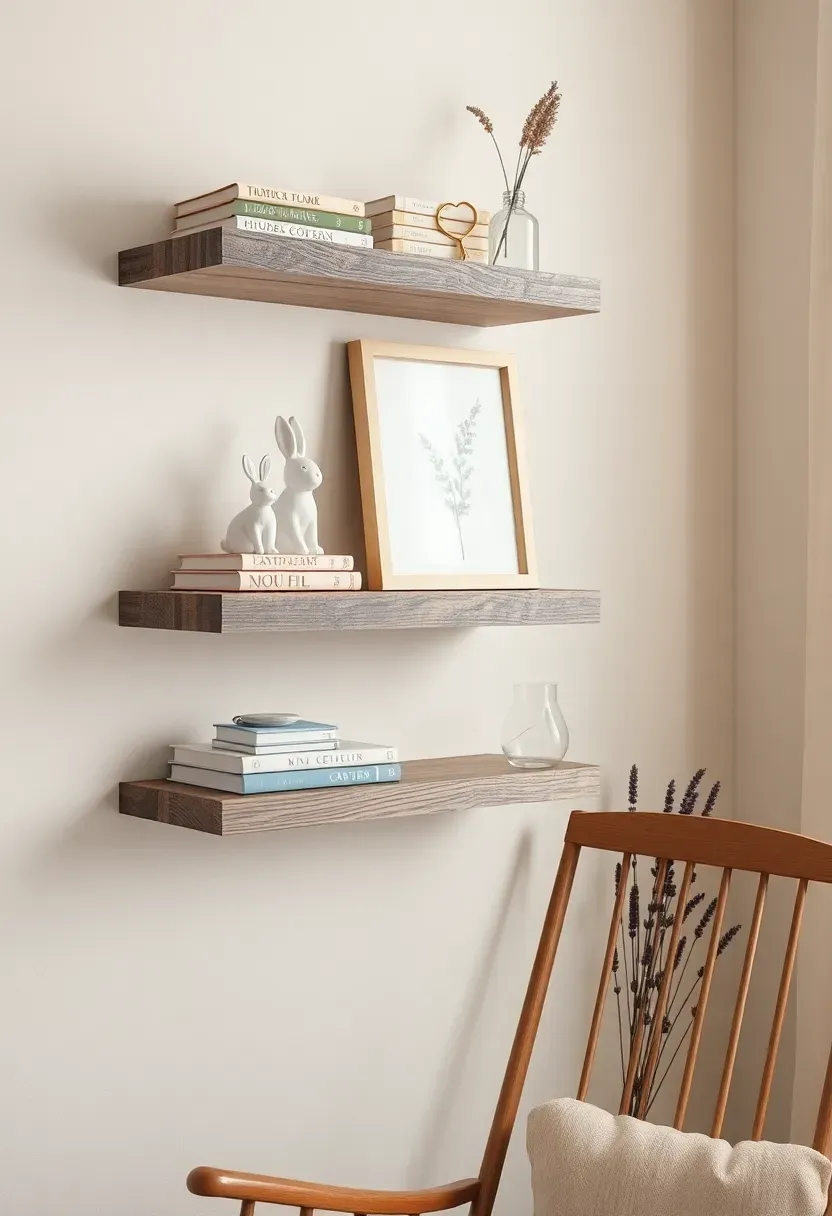 weathered wood floating shelves in nursery displaying vintage toys books and small potted plants
