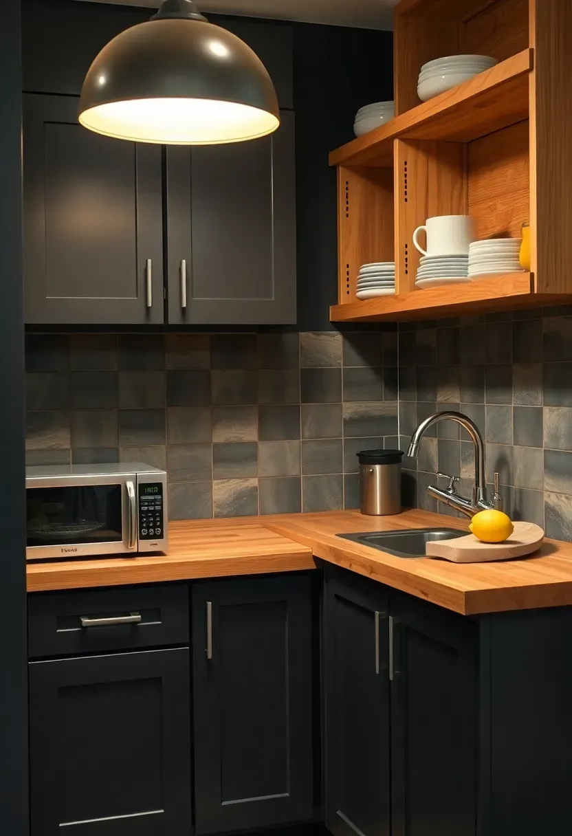 Compact basement kitchenette with small countertop, bar sink, microwave, mini fridge, and open shelving above