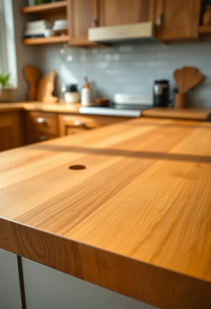 Warm honey-toned butcher block countertops with natural knife marks and oil-deepened patina alongside white distressed cabinets in a shabby chic cottage kitchen