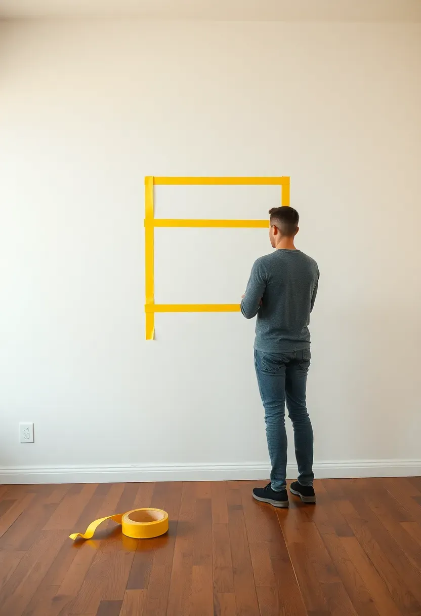 Blank wall with painter's tape marking out the positions of frames and a shelf, person stepping back to assess the layout