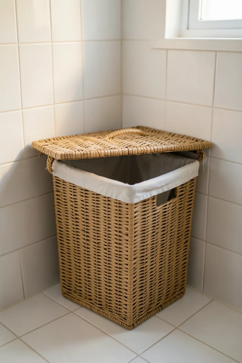 Slim wicker laundry hamper beside a vanity in a compact rental bathroom with white tile walls