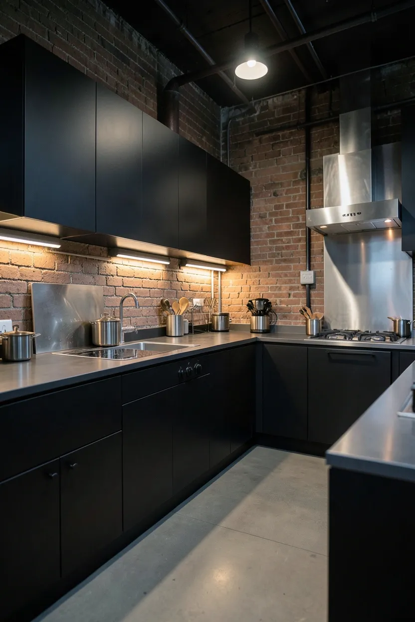 Hyper-realistic eye-level photograph of a modern industrial moody kitchen with matte black cabinets, exposed brick wall, stainless steel appliances, factory-style lighting. Warm ambient lighting mixing with cool industrial elements. Materials: matte black, exposed brick, stainless steel, iron fixtures. Edgy mood. Shallow depth of field, sharp details on brick texture. No text, no logos, no watermarks.</p>