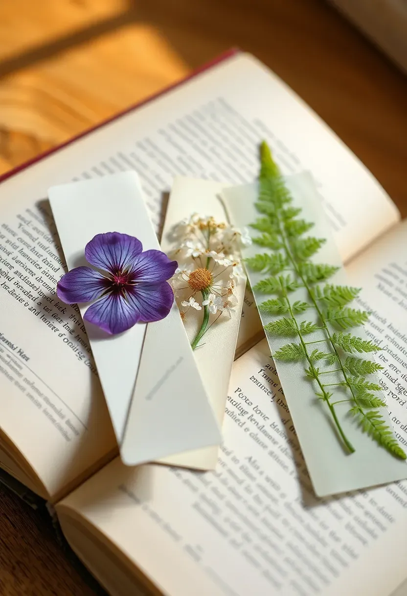 pressed flower bookmarks with delicate dried petals laminated between clear sheets arranged on an open book