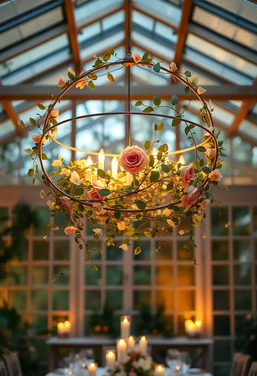 hanging floral chandelier bloom bar suspended over dining table