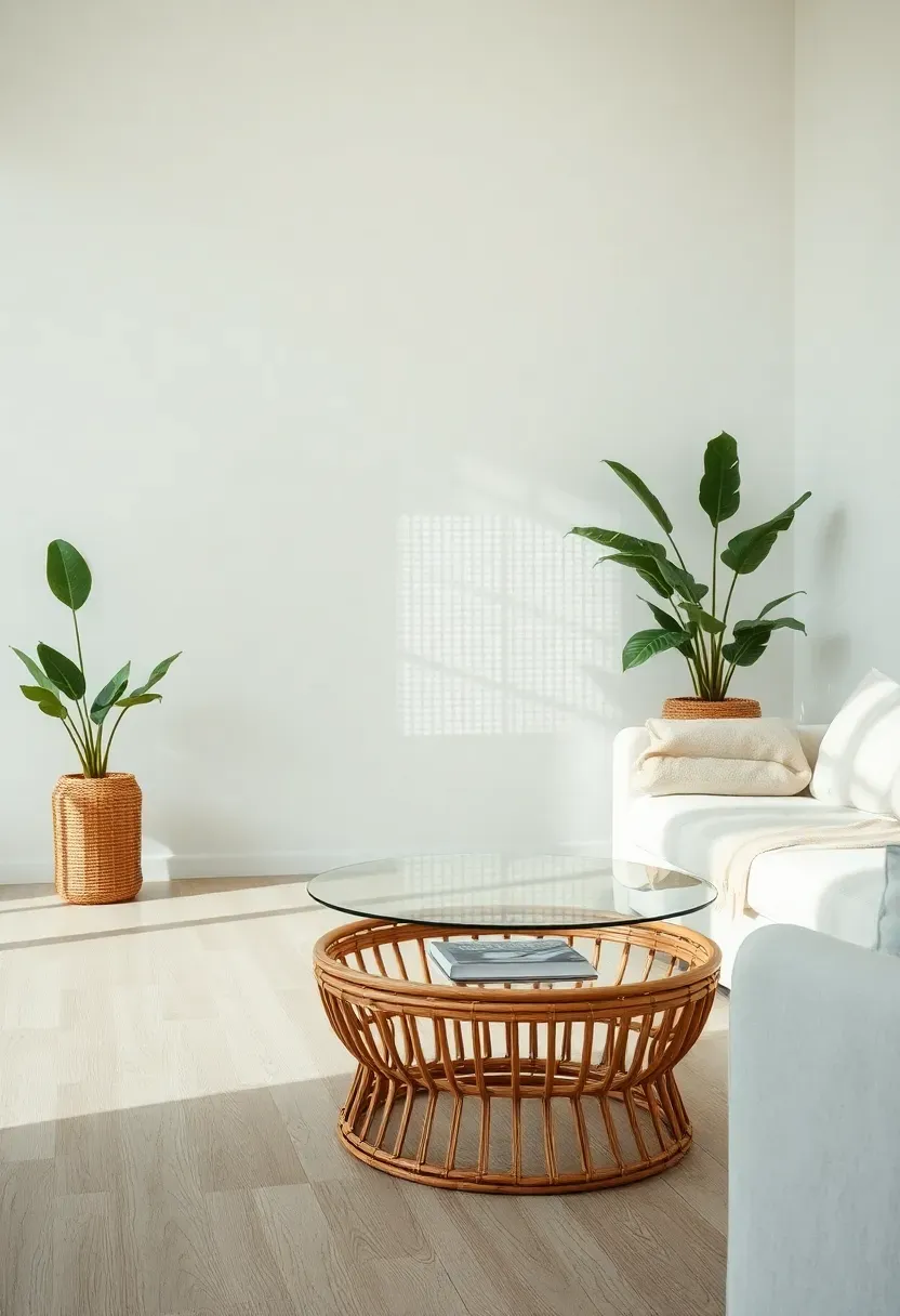 Hyper-realistic 3/4 view of minimalist living room featuring cane-back accent chair with visible woven pattern, rattan coffee table with glass top, light linen sofa. Light wood floor, white walls. Woven textures adding organic pattern complexity. Materials: natural cane weaving, rattan poles, linen upholstery, light oak. Natural light creating shadow patterns through cane weave. Handcrafted quality contrasting clean modern lines. Shallow depth of field, sharp details on woven texture. No text, no logos, no watermarks.</p>
