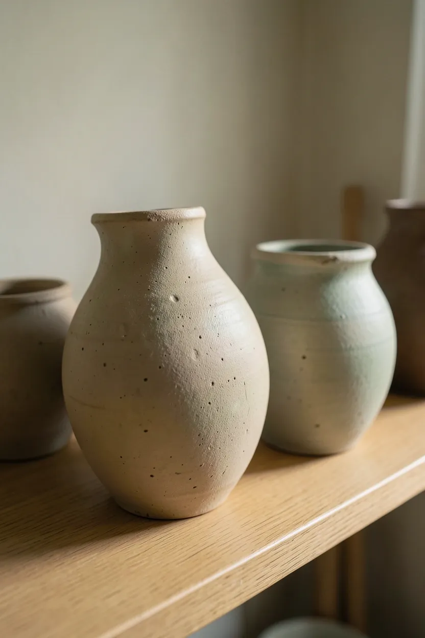 Hand-thrown ceramic vases in matte earth tones grouped on a wooden shelf in a wabi sabi bedroom