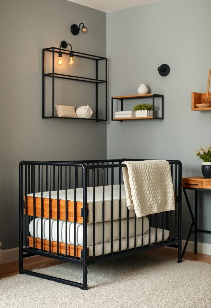Industrial-style nursery corner in modern bedroom with matte black metal bassinet frame, warm wood side table, and Edison bulb floor lamp