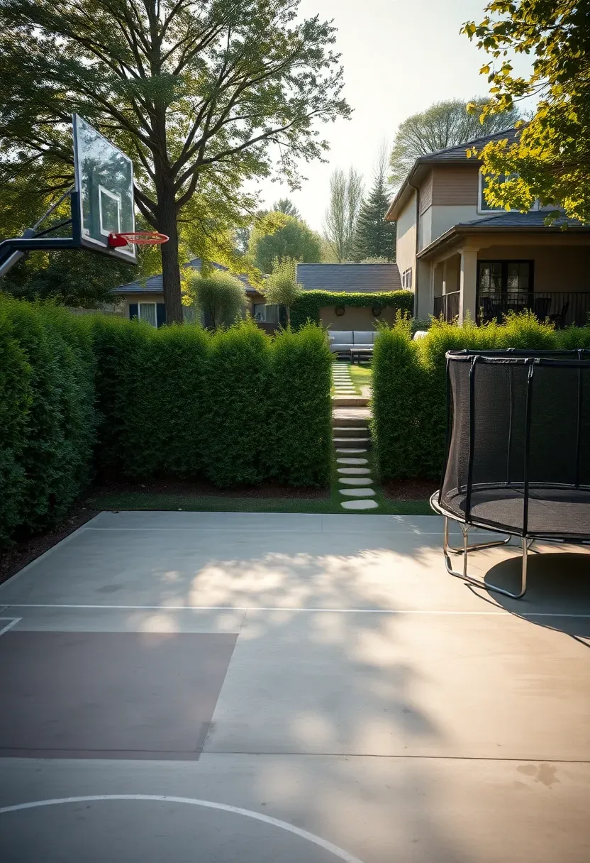 Large family backyard with a basketball half-court on one side and a trampoline set into the ground on the other side separated by a hedge and connected to a covered patio with seating
