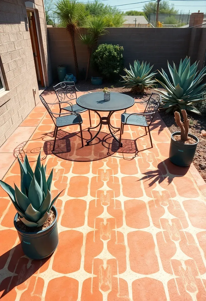 Arizona backyard with a painted concrete patio slab in terracotta and cream geometric pattern, outdoor dining set, and potted agave plants