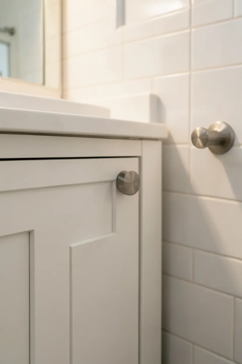 Brushed gold towel bar and cabinet pulls swapped in a rental bathroom for a coordinated hardware upgrade — reversible improvement