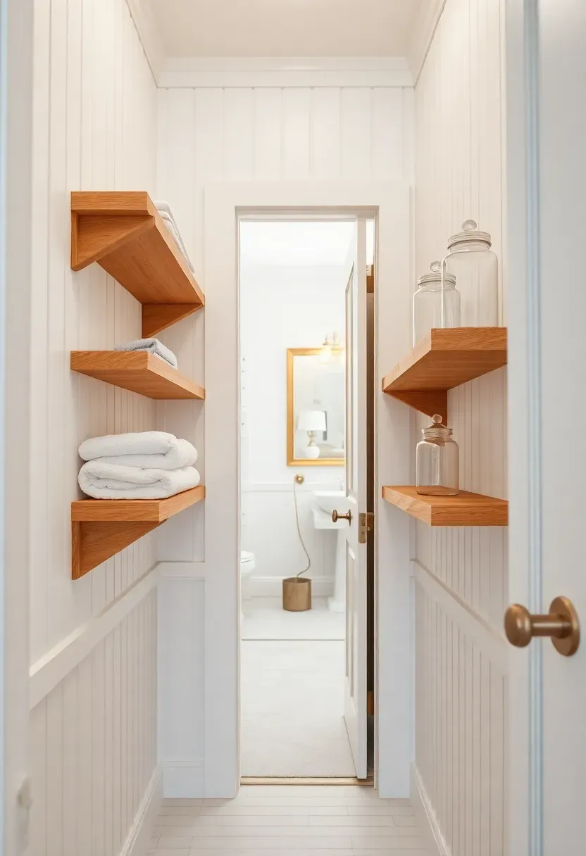 Bathroom closet interior lined with white wainscot paneling on walls and ceiling with wooden shelves