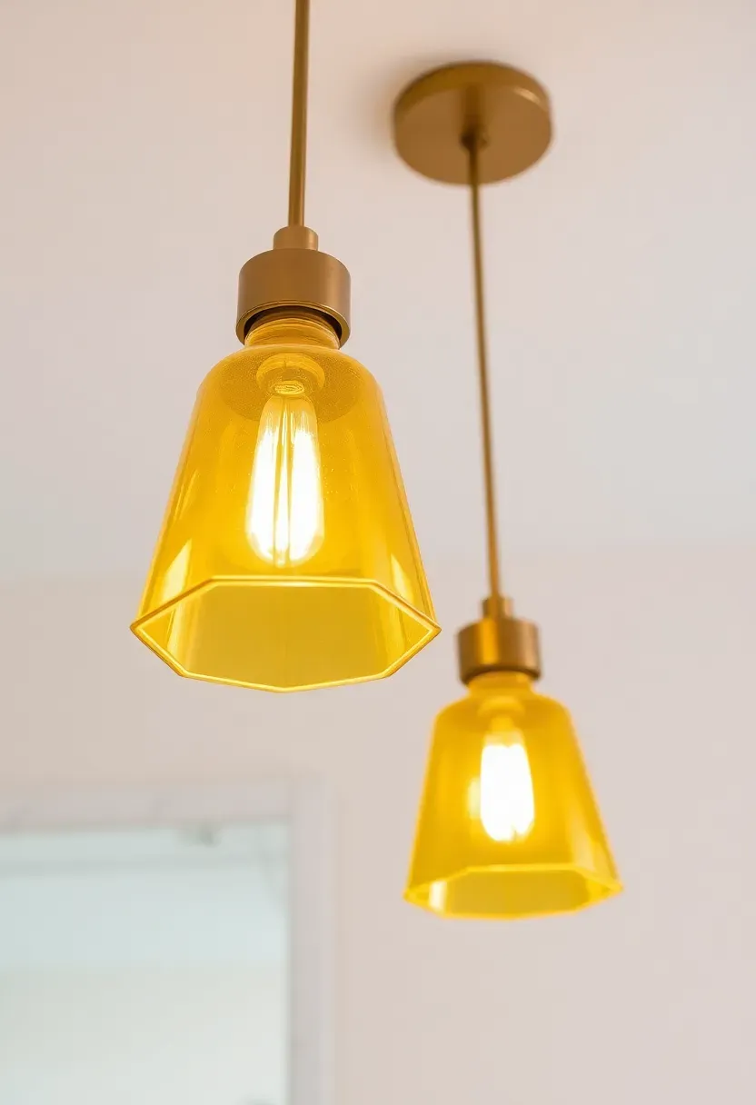 Playful pendant lights with colorful shades above bathroom vanity