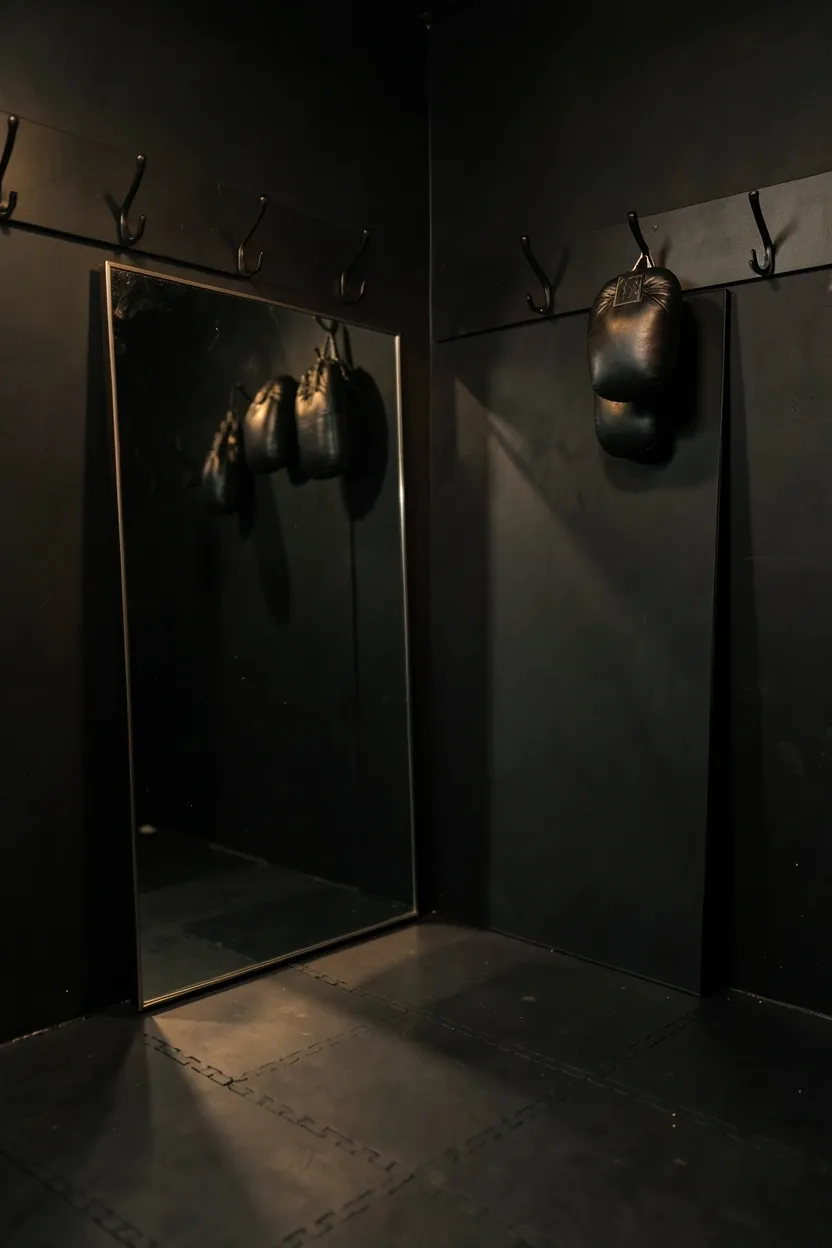 Dedicated shadow boxing corner with matte black walls, full-length angled mirror, and dark rubber flooring in a small home gym