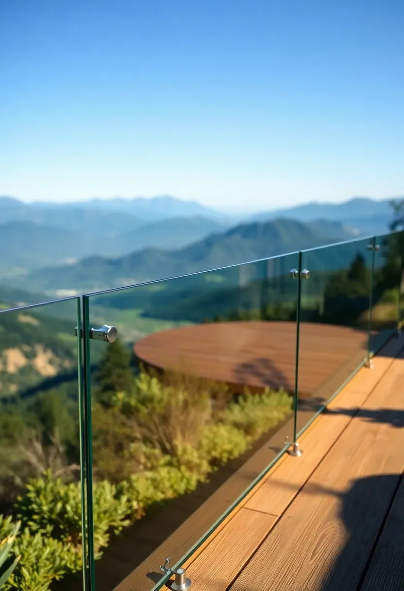 Frameless tempered glass panel fence along a hillside backyard deck with panoramic mountain views beyond