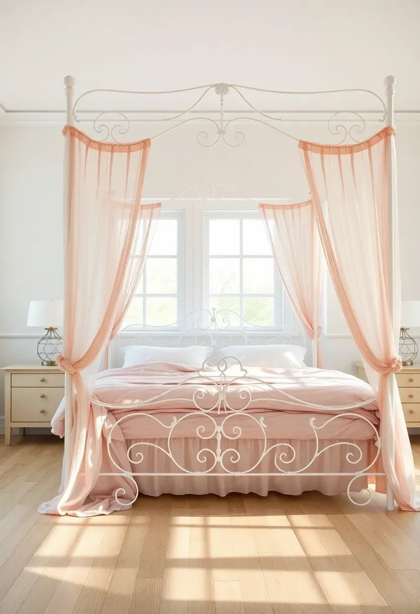 White wrought iron canopy bed frame with sheer pink fabric draped across the top in a bright bedroom