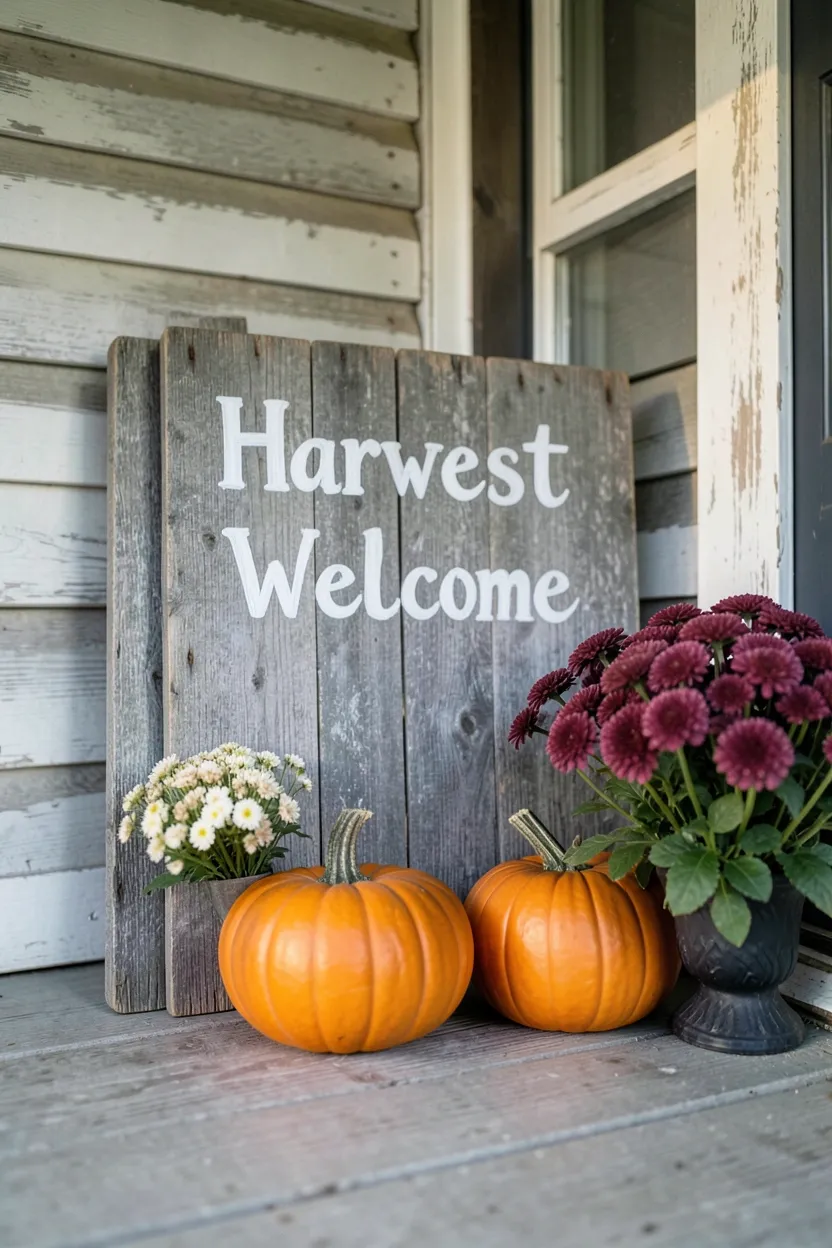 Hyper-realistic eye-level photograph of a fall front porch featuring a weathered wooden sign with hand-painted white lettering reading 