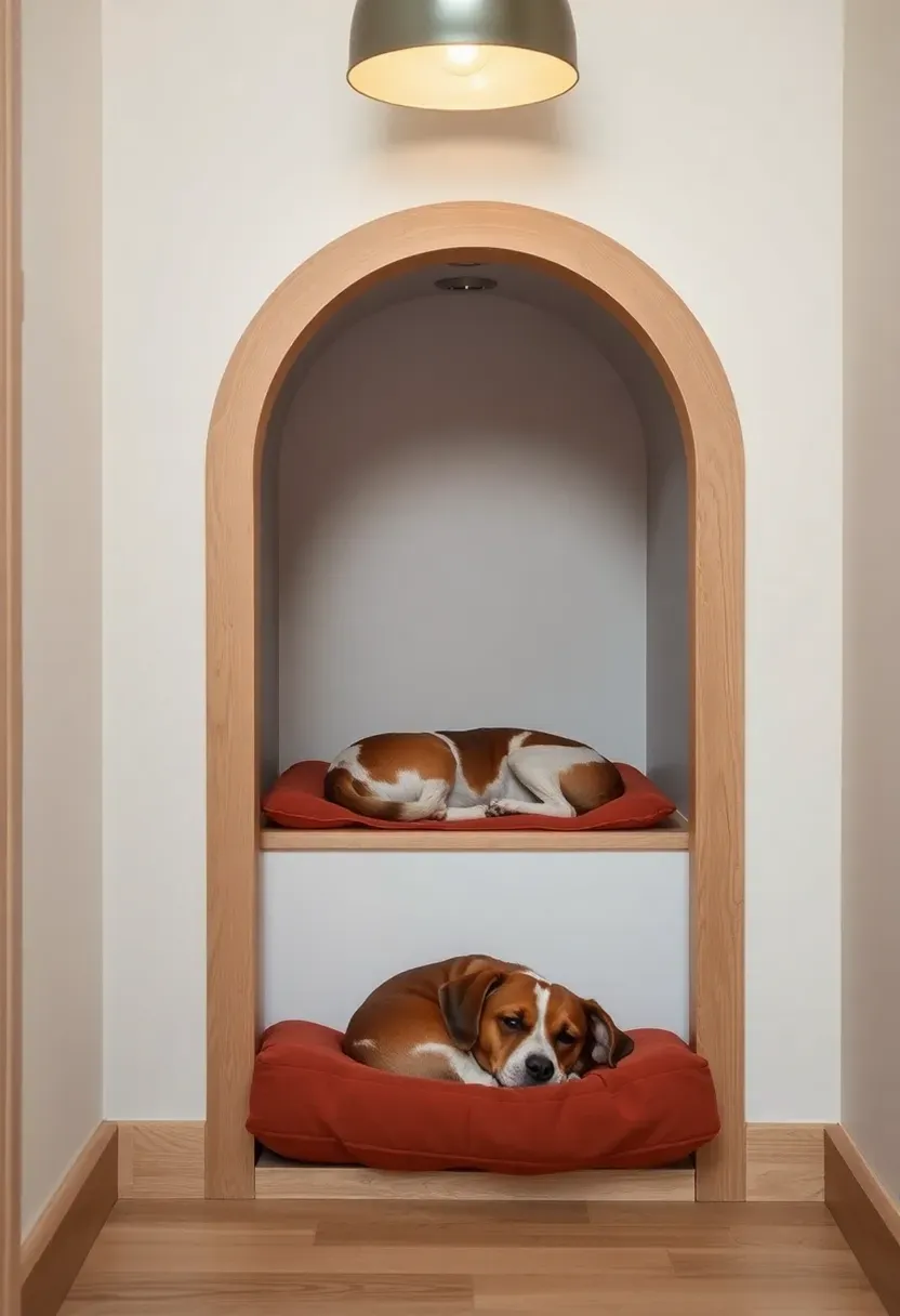 Under-stair alcove converted into a cozy dog nook with light oak frame, terracotta cushion, and sleeping beagle inside