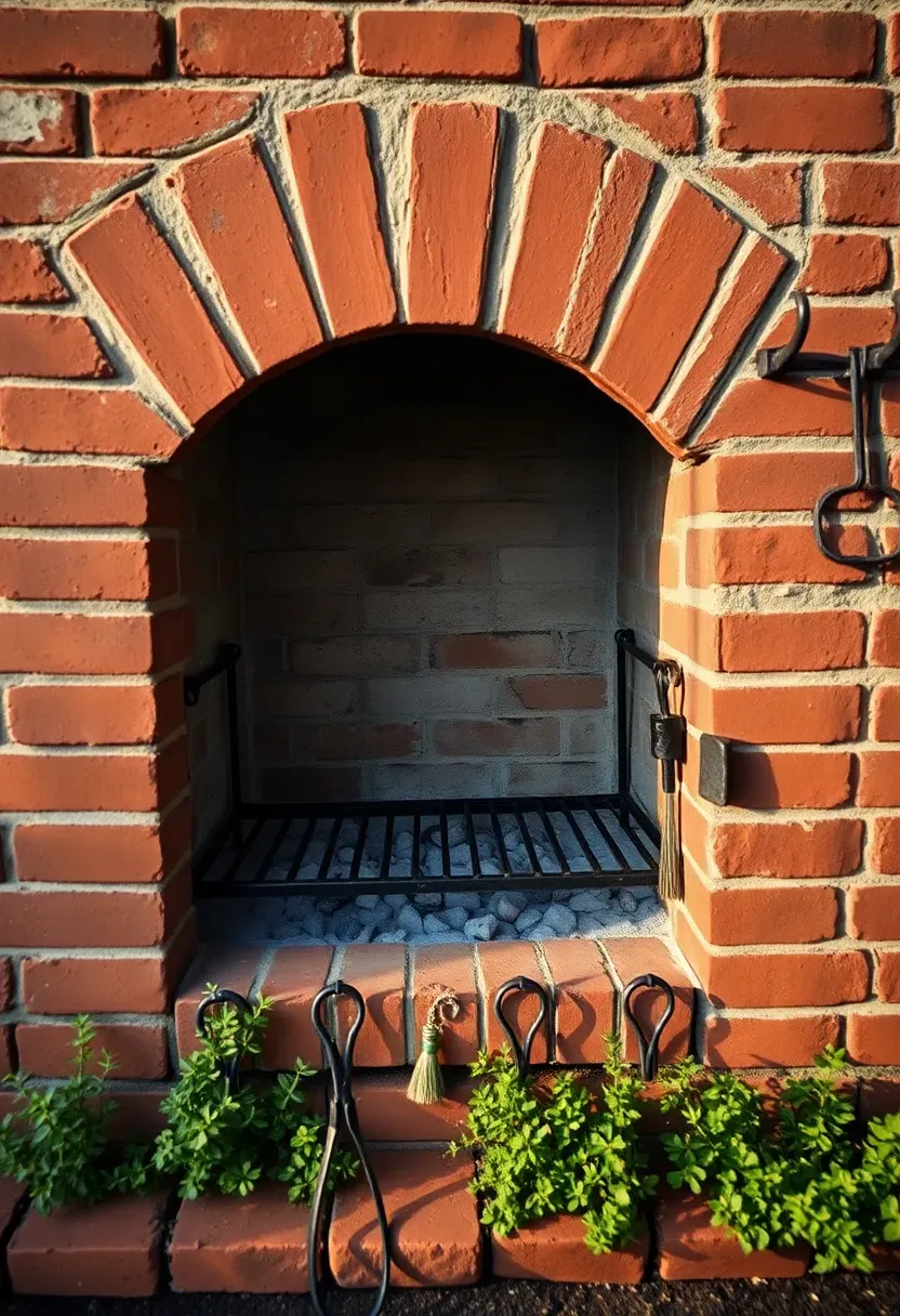 Reclaimed red brick grill surround with an arched opening, charcoal grill inside, iron tool hooks on the side, and herb garden growing at the base