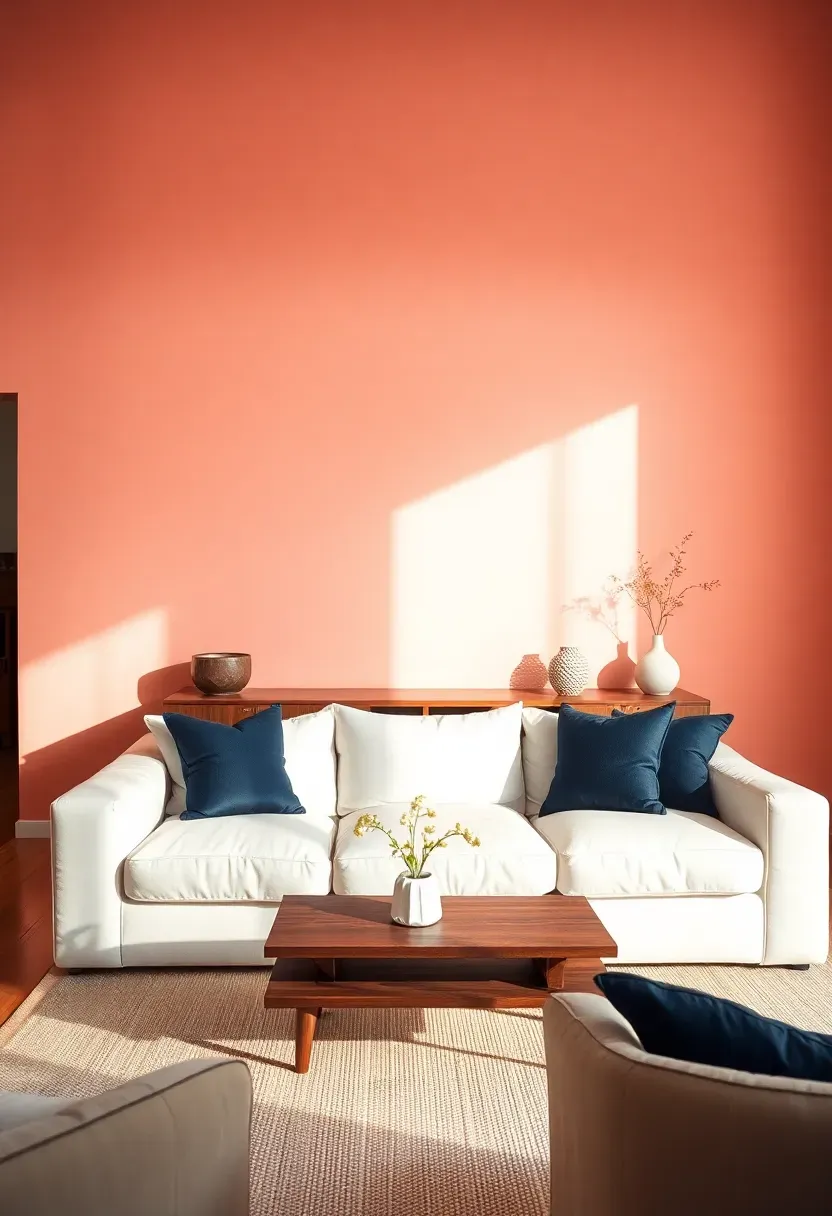 Hyper-realistic 3/4 view of a minimalist living room with pale coral walls, white sofa, dark wood media console, navy throw pillows. Materials: matte coral paint, white cotton, walnut wood, navy linen. Warm diffused light, coral shadows adding warmth. Shallow depth of field, energetic yet calm atmosphere. No text, no logos, no watermarks.</p>
