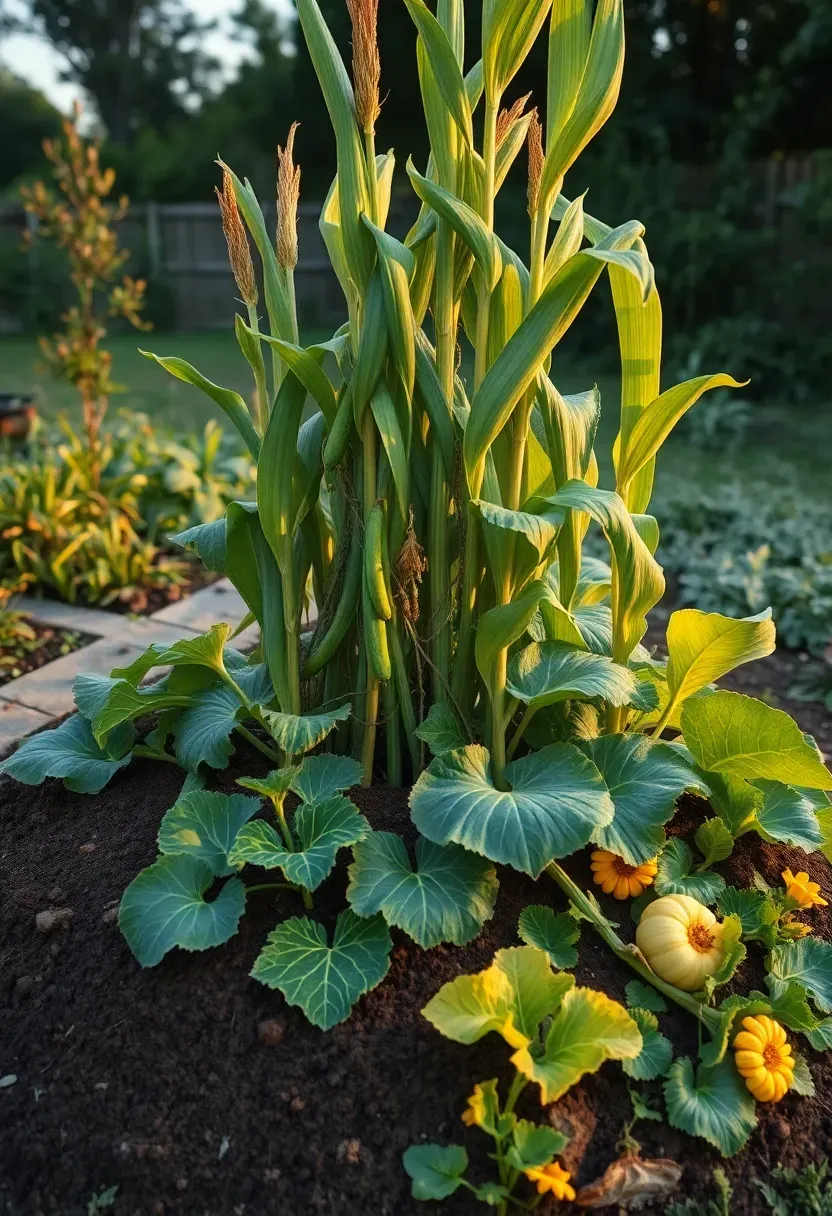 Traditional Three Sisters mound planting with corn stalks, bean vines climbing the corn, and squash leaves spreading at the base