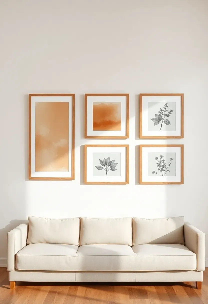 Hyper-realistic medium shot of a minimalist gallery wall on a warm white wall. Five framed pieces arranged horizontally with consistent spacing: three abstract prints in muted earth tones (terracotta, sage, cream) and two black-and-white botanical photographs. All frames are natural light oak wood with white mats. Light beige linen sofa below. Light oak flooring. Materials: oak wood frames, white mats, paper prints. Soft natural side lighting. Clean balanced composition. No text, no logos, no watermarks.</p>