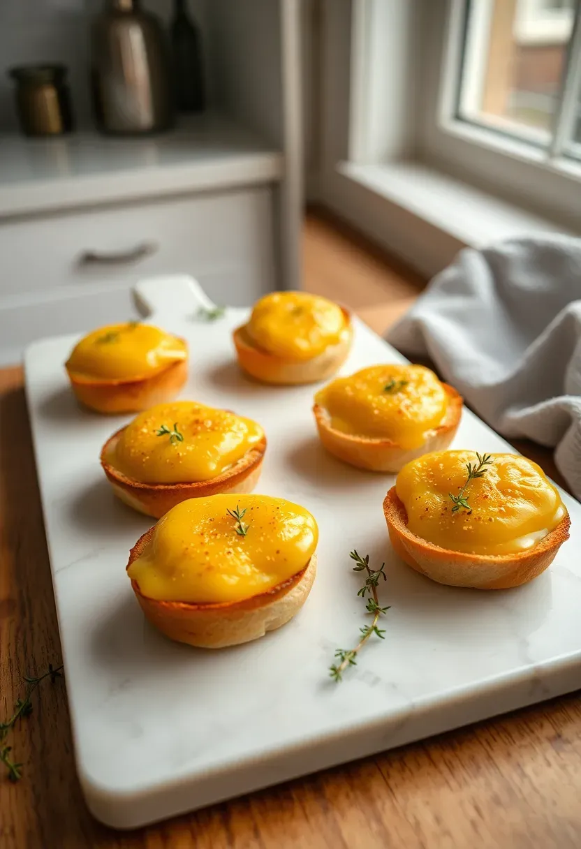 tray of golden mini croque monsieur sandwiches with melted gruyere on top garnished with fresh thyme on a marble serving board