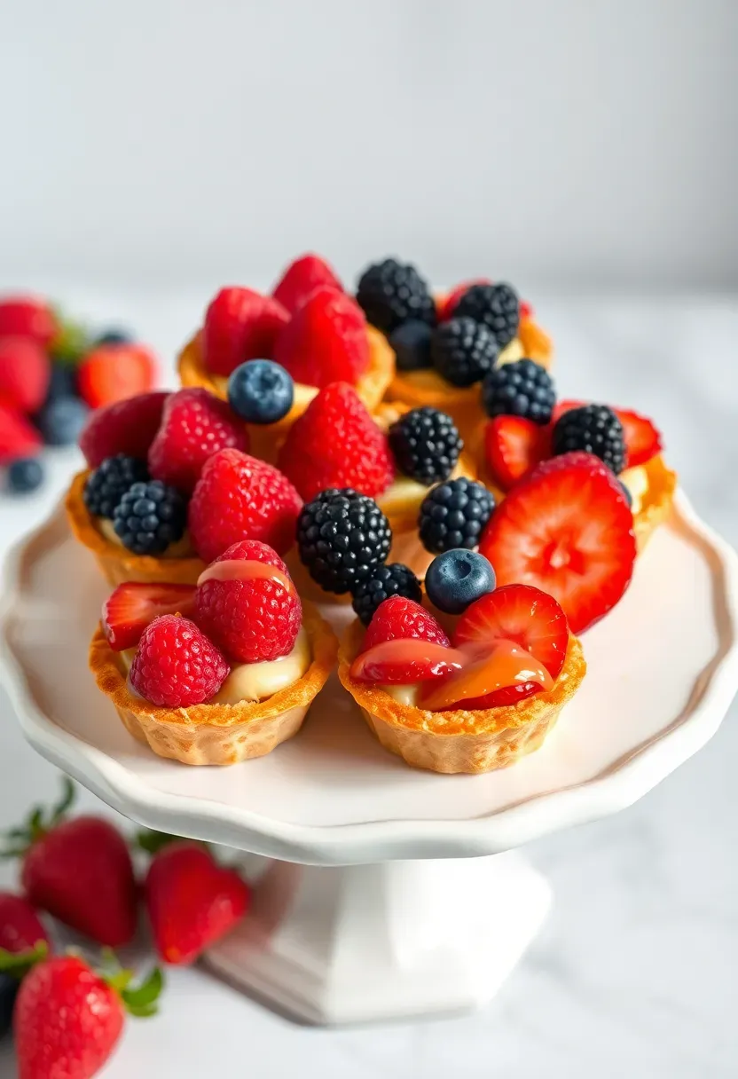 mini fruit tarts with pastry cream and fresh berries arranged on a three-tier stand at a baby shower