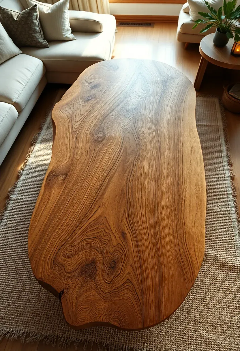 Hyper-realistic top-down detail shot of organic-shaped coffee table showing natural oak wood with visible live edge and natural wood grain character, water glass stain on surface. Wide shot context: modern living room with cream sofa, the organic oak table as centerpiece, jute rug underneath. Materials: solid oak with live edge, water-based clear finish. Natural daylight highlighting wood grain and edge irregularity, sculptural organic mood. Close-up detail showing natural wood characteristics. Sharp focus on grain patterns and edge profile. No text, no logos, no watermarks.</p>