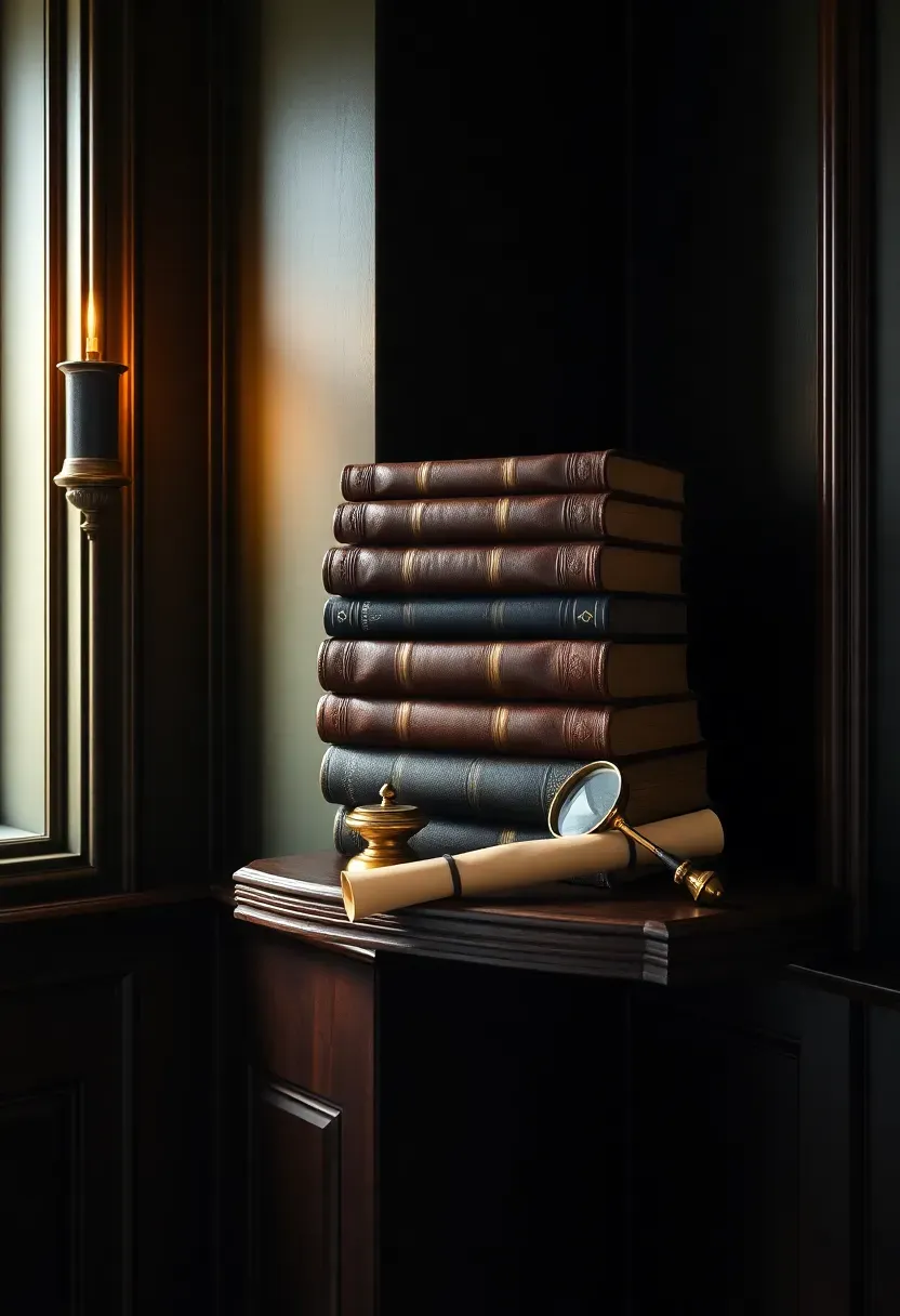 Dark mahogany Victorian library corner wall shelf holding leather-bound books, a brass inkwell, and a magnifying glass against a dark green wall