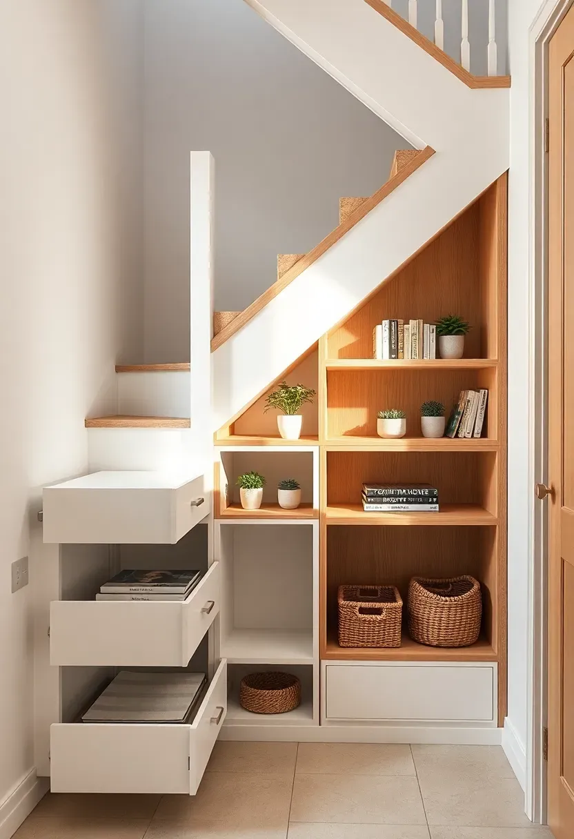 Under-stair built-in storage with white lacquered pull-out drawers and open shelving holding plants and woven baskets in a bright hallway