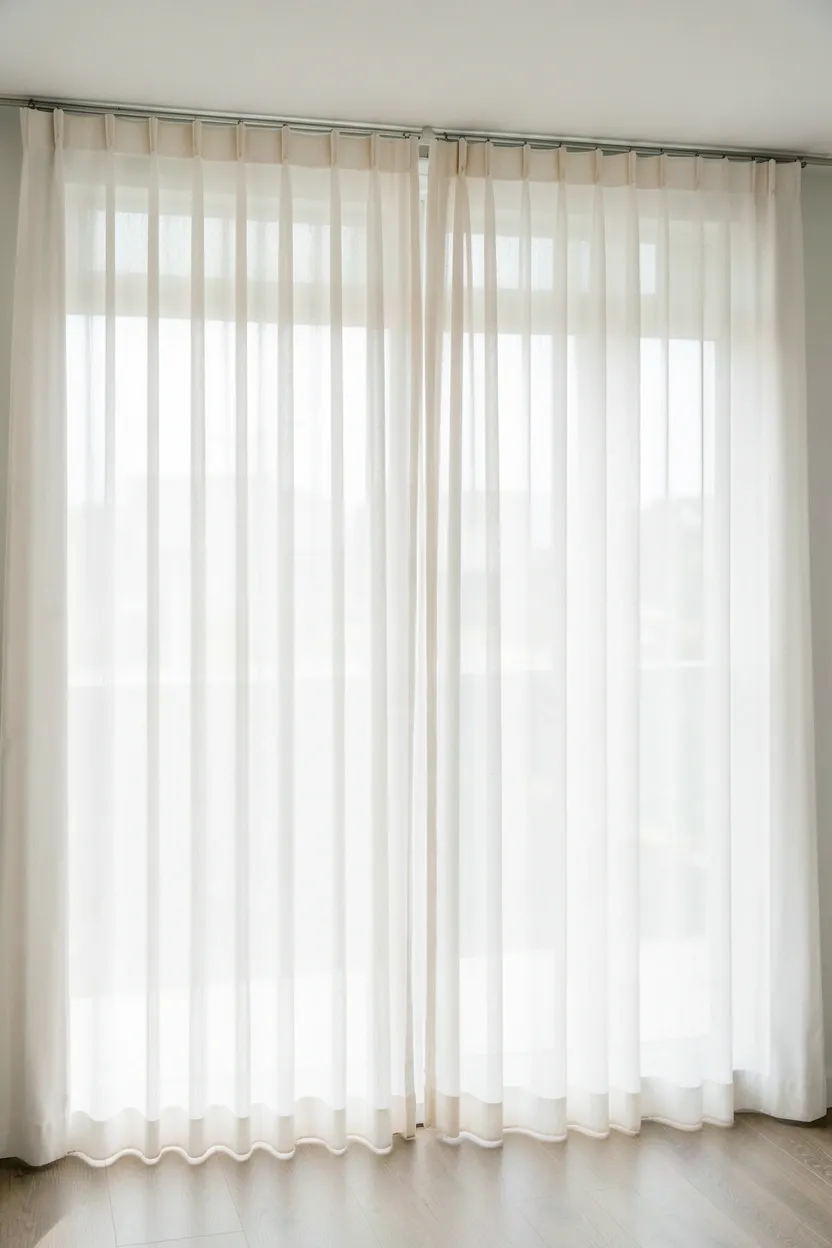 White linen floor-to-ceiling curtains adding height illusion to a tiny Scandinavian rental living room