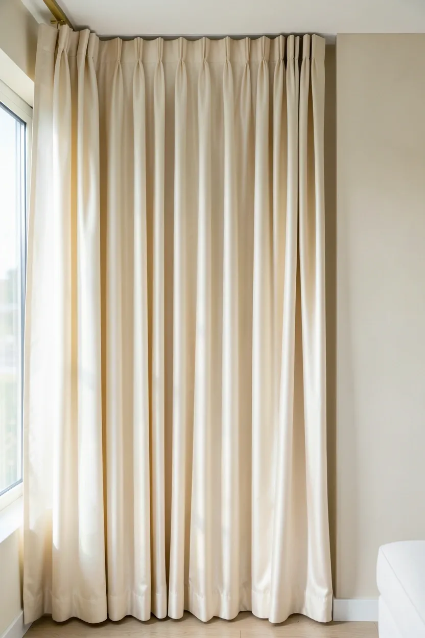 Floor-to-ceiling cream silk draperies pooling on hardwood floor beside tall bedroom windows in a luxury bedroom