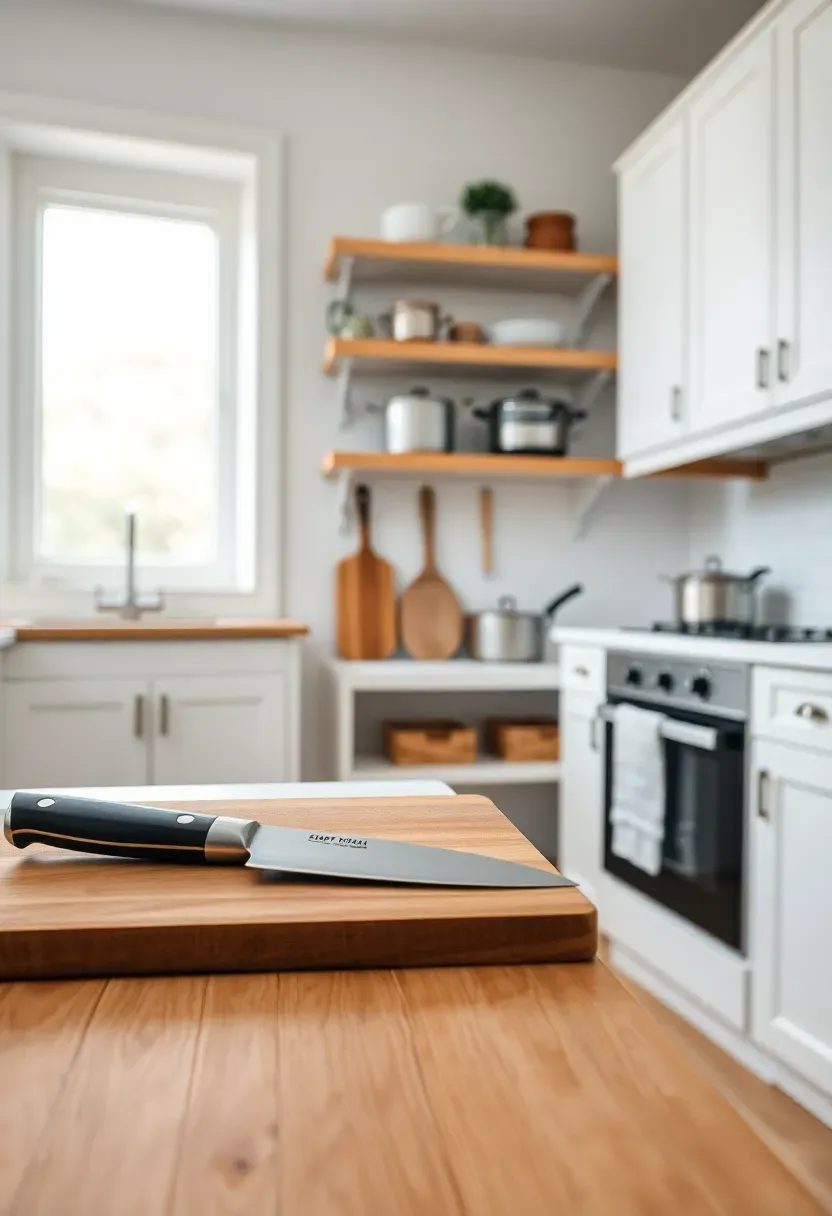 Hyper-realistic view of minimalist kitchen featuring one high-quality chef's knife on wooden cutting board, small selection of essential pots and pans visible on white shelf, white cabinets, light oak floor, no unnecessary gadgets or duplicate items. Materials: white painted cabinets, oak shelving, quality metal cookware. Natural light, curated essential mood. Only quality items visible, shallow depth of field, no text, no logos.</p>